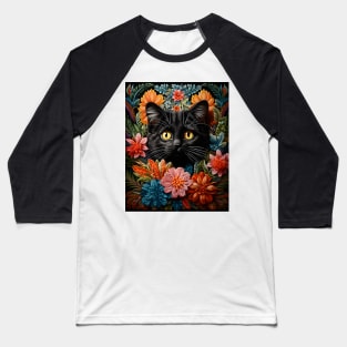 Vintage Black Cat Crochet Flowers - Whimsical Retro Design Baseball T-Shirt